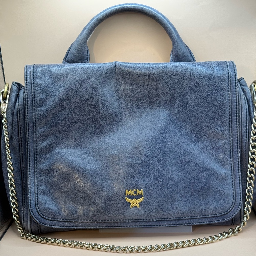 MCM BLUE DISTRESSED LEATHER SHOULDER BAG w / replacement chain strap - Picture 1 of 16